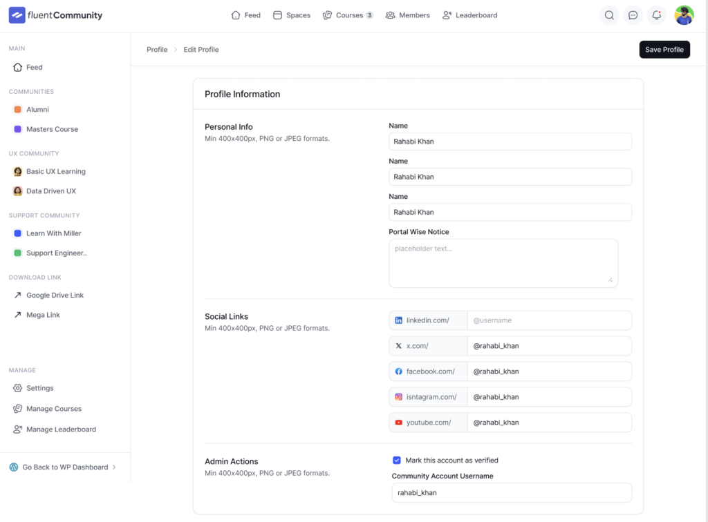 User dashboard, FluentCommunity.